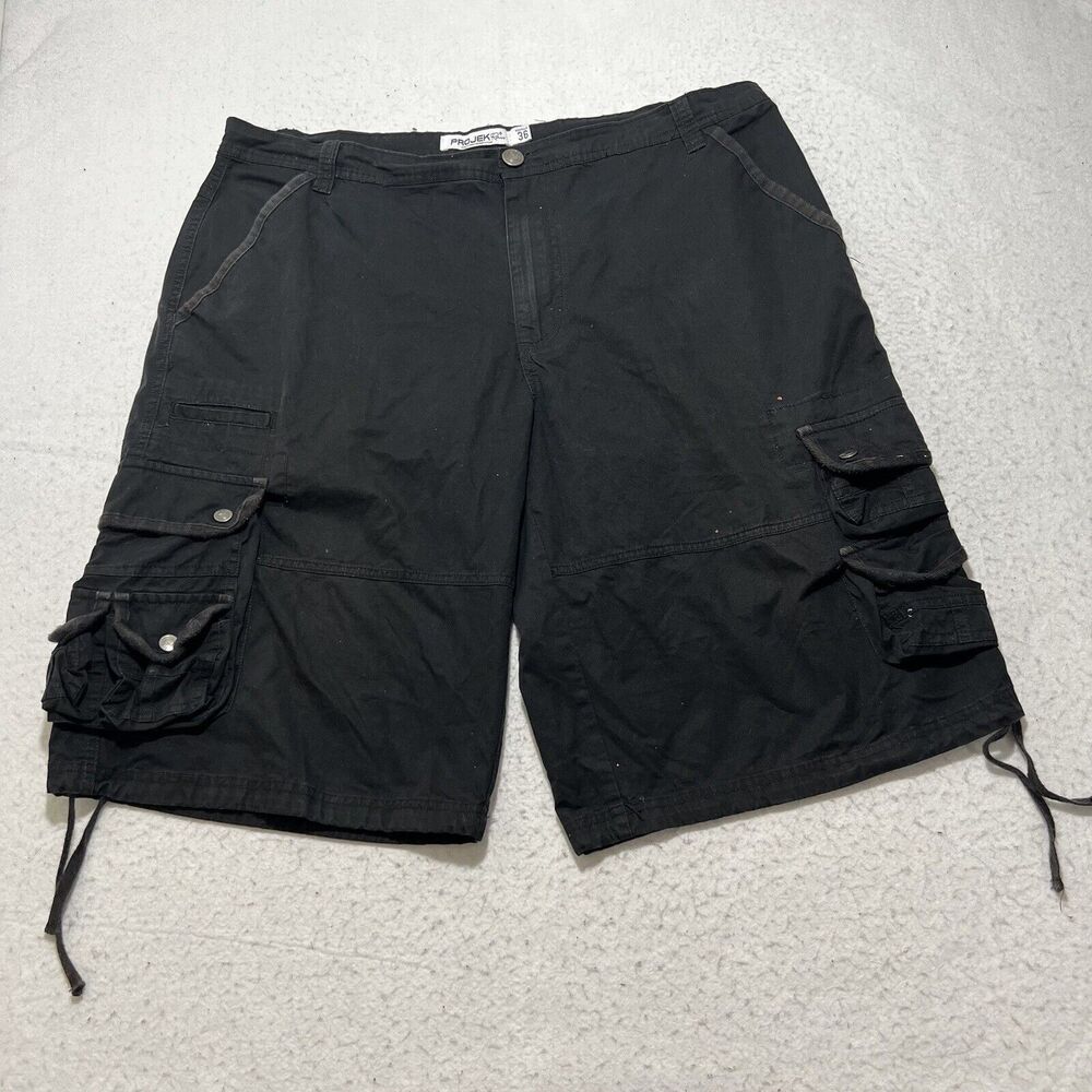 Projek Raw Men's 36 Loose Fit Black Denim Cargo Pocket 13" Inseam Jean Shorts